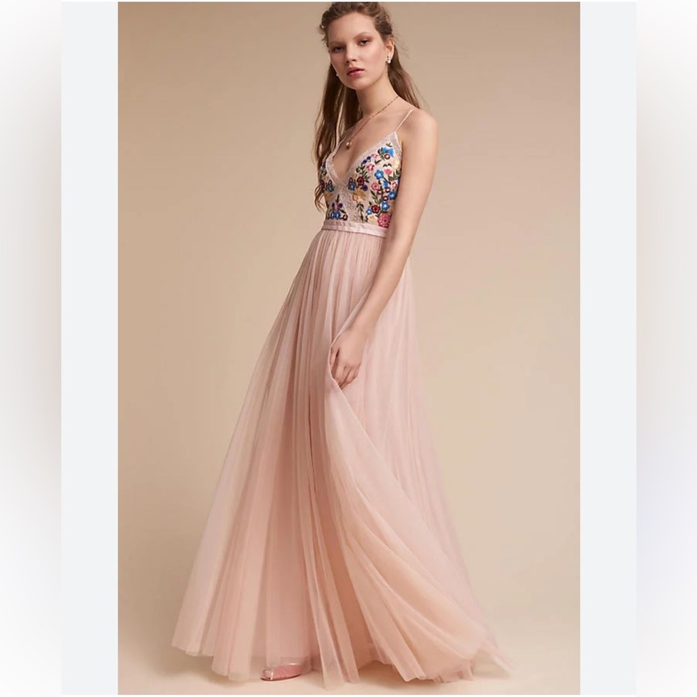 Needle & Thread Arya Pink Blush Blue Floral Embroidered Maxi Dress Gown